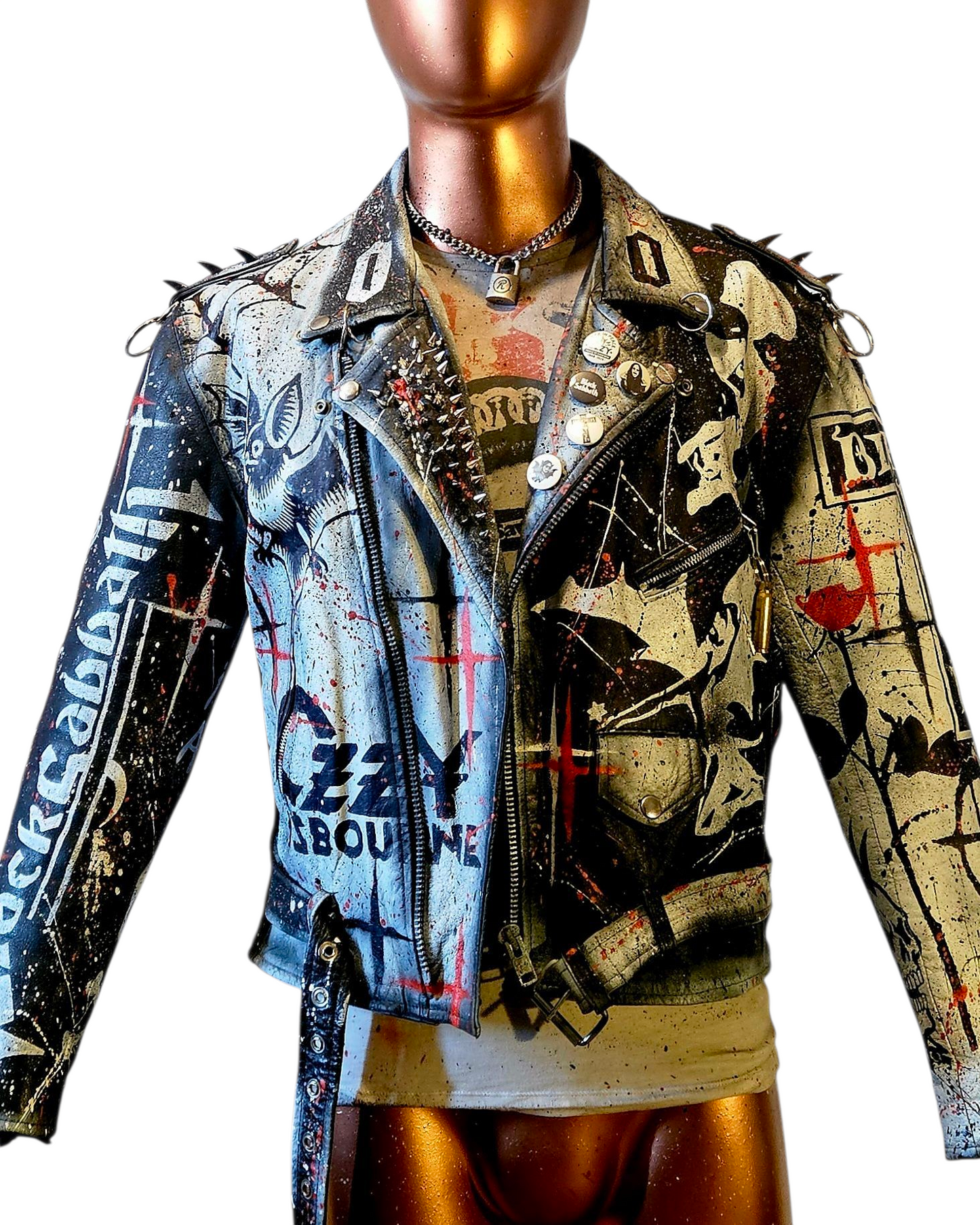 Vintage Leather Spiked Hand Painted Ozzy Osbourne Black Sabbath Rock Bikers Jacket  All Sizes