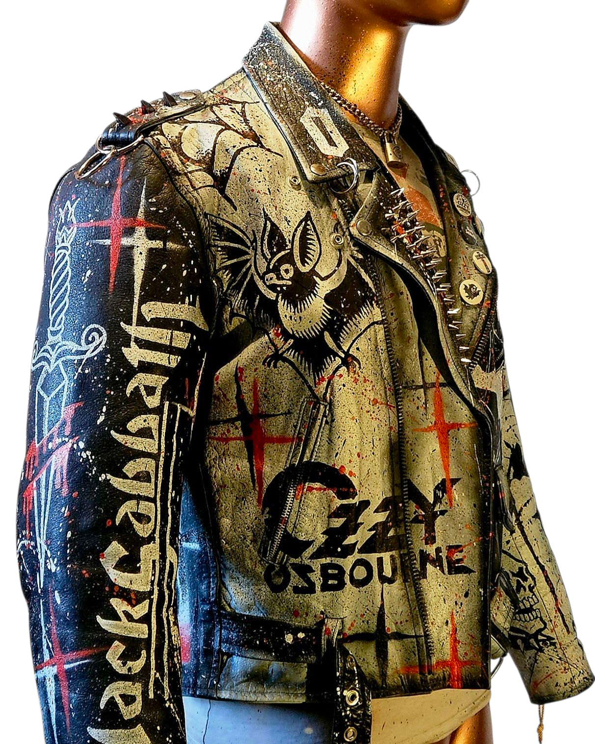 Vintage Leather Spiked Hand Painted Ozzy Osbourne Black Sabbath Rock Bikers Jacket  All Sizes