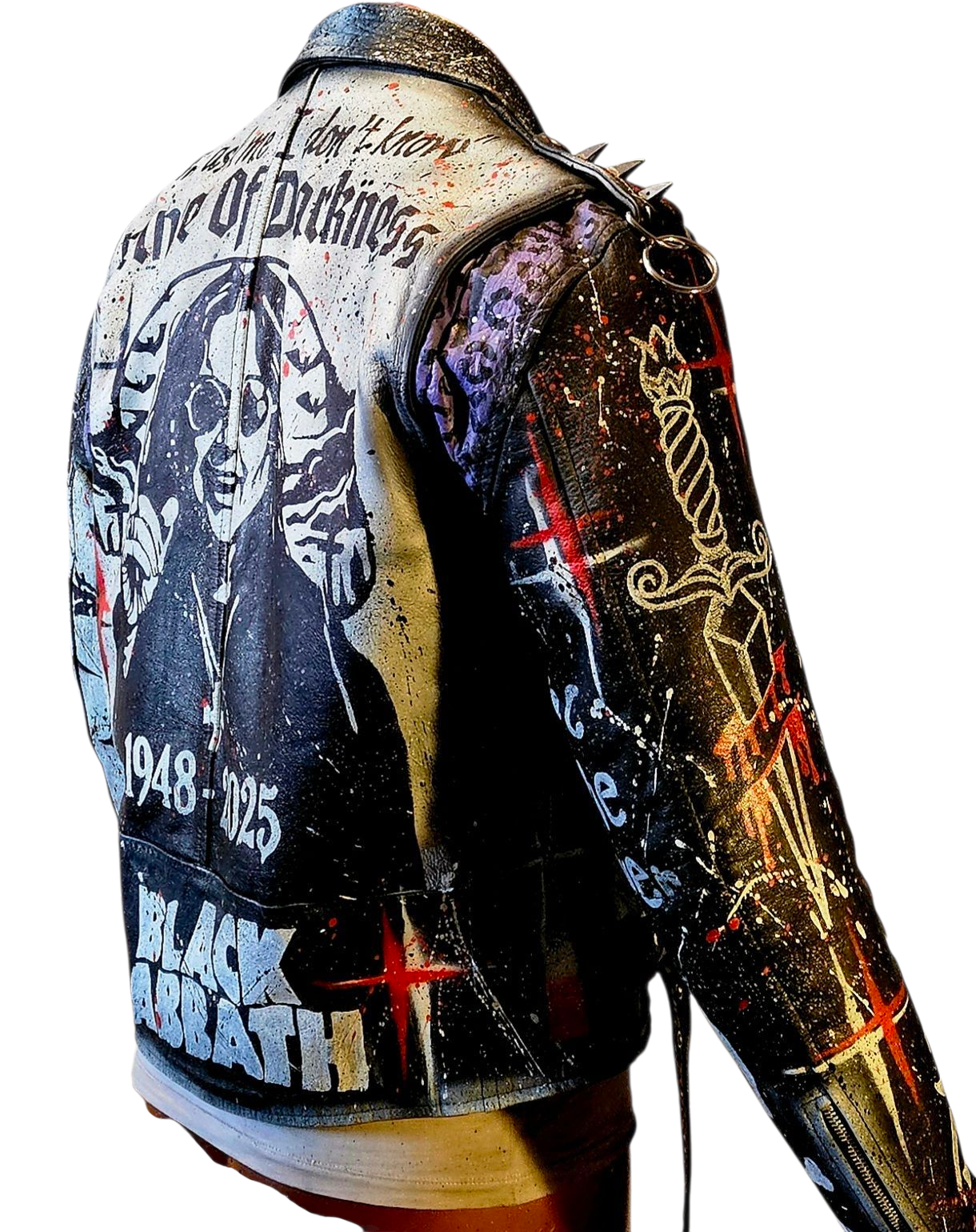 Vintage Leather Spiked Hand Painted Ozzy Osbourne Black Sabbath Rock Bikers Jacket  All Sizes