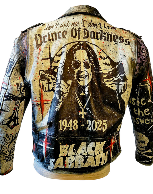 Vintage Leather Spiked Hand Painted Ozzy Osbourne Black Sabbath Rock Bikers Jacket  All Sizes