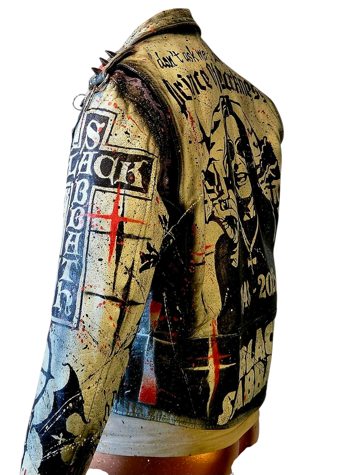 Vintage Leather Spiked Hand Painted Ozzy Osbourne Black Sabbath Rock Bikers Jacket  All Sizes