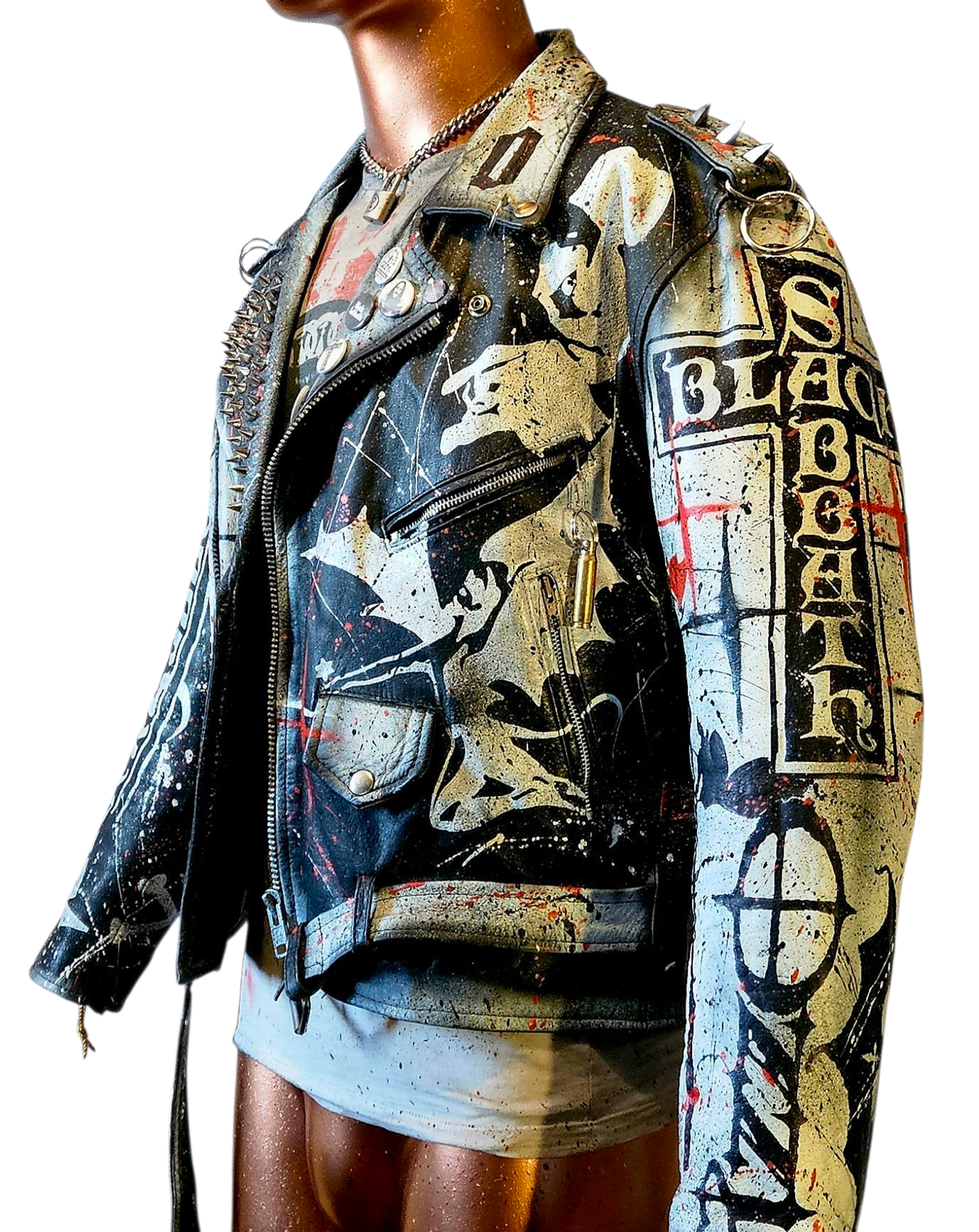Vintage Leather Spiked Hand Painted Ozzy Osbourne Black Sabbath Rock Bikers Jacket  All Sizes