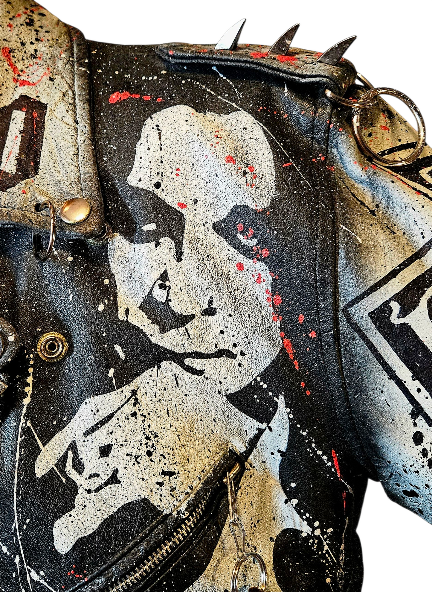 Vintage Leather Spiked Hand Painted Ozzy Osbourne Black Sabbath Rock Bikers Jacket  All Sizes