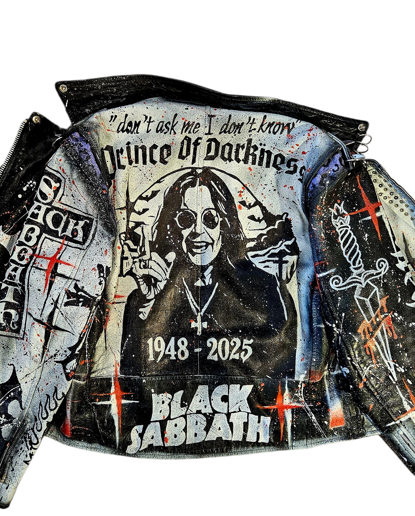 Vintage Leather Spiked Hand Painted Ozzy Osbourne Black Sabbath Rock Bikers Jacket  All Sizes
