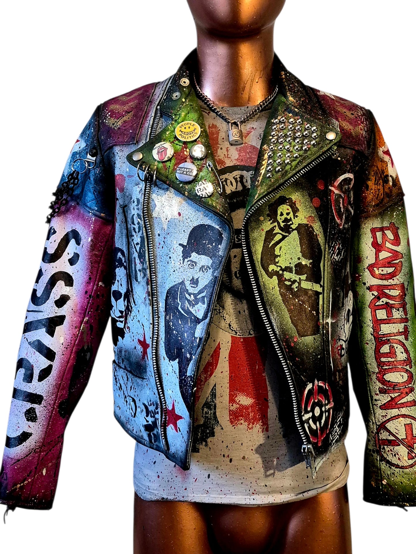 Vintage Leather Spiked Hand Painted Patches Punk Rock Bikers Jacket  All Sizes #26 (Copy)