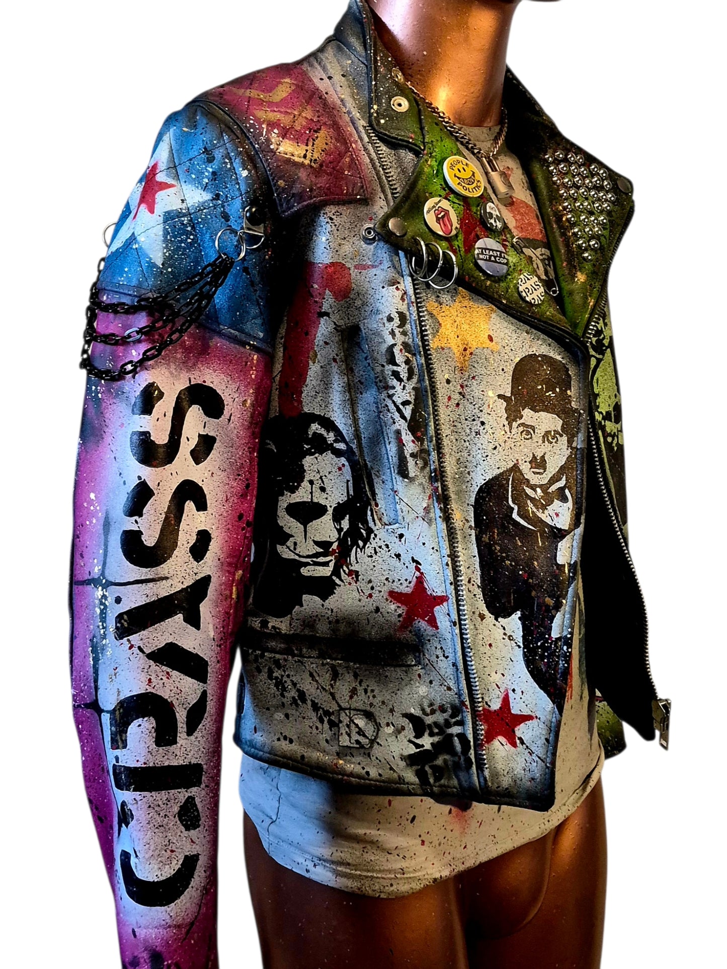 Vintage Leather Spiked Hand Painted Patches Punk Rock Bikers Jacket  All Sizes #26 (Copy)