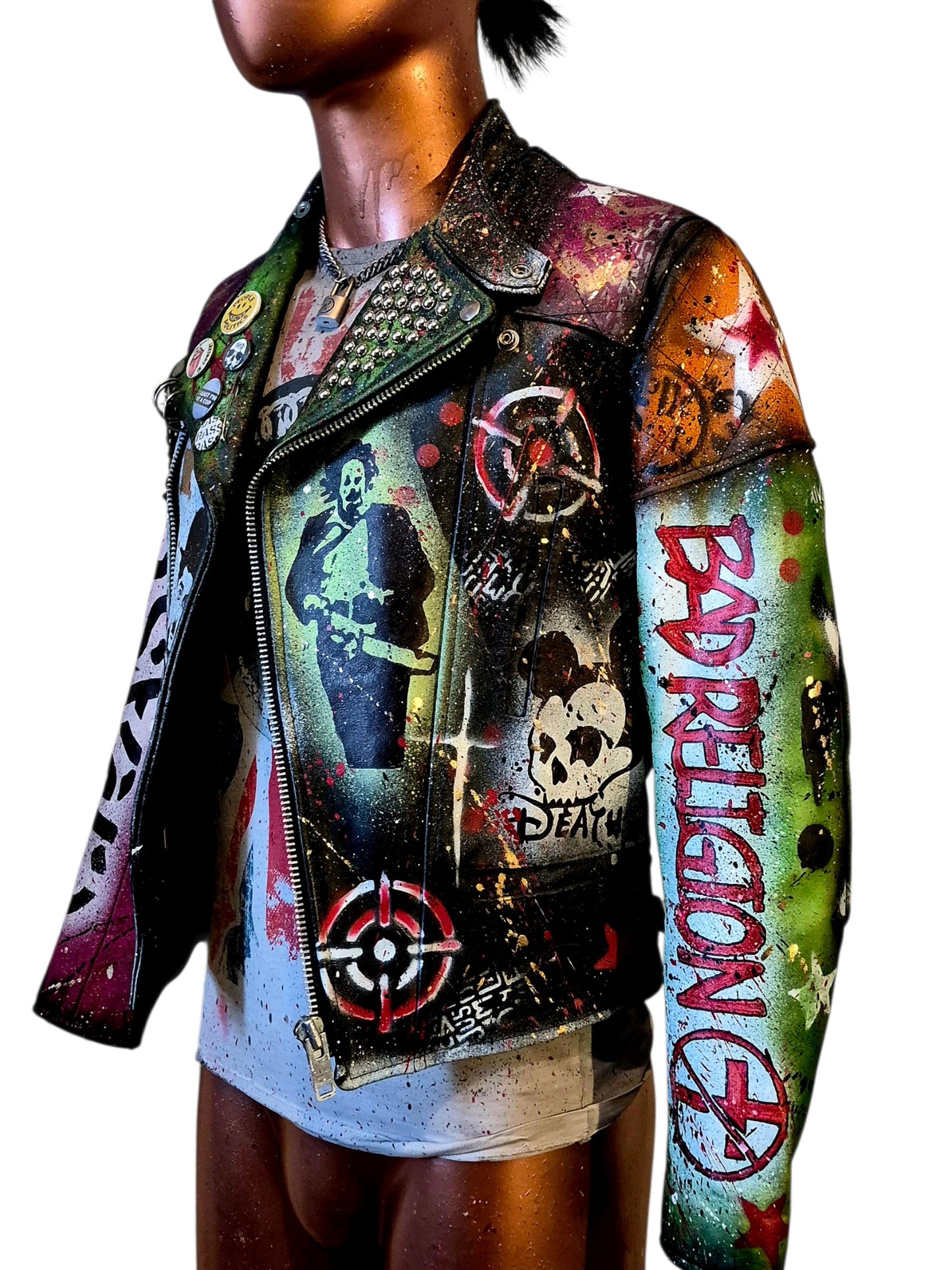 Vintage Leather Spiked Hand Painted Patches Punk Rock Bikers Jacket  All Sizes #26 (Copy)