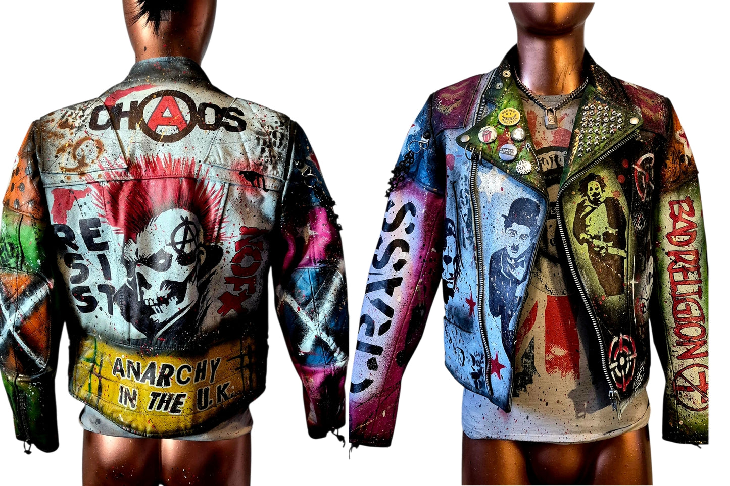 Vintage Leather Spiked Hand Painted Patches Punk Rock Bikers Jacket  All Sizes #26 (Copy)