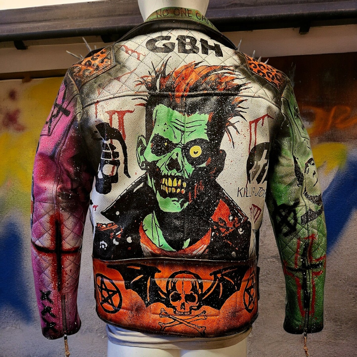 Vintage Leather Spiked Hand Painted Patches Zombie Punk Rock Bikers Jacket  All Sizes