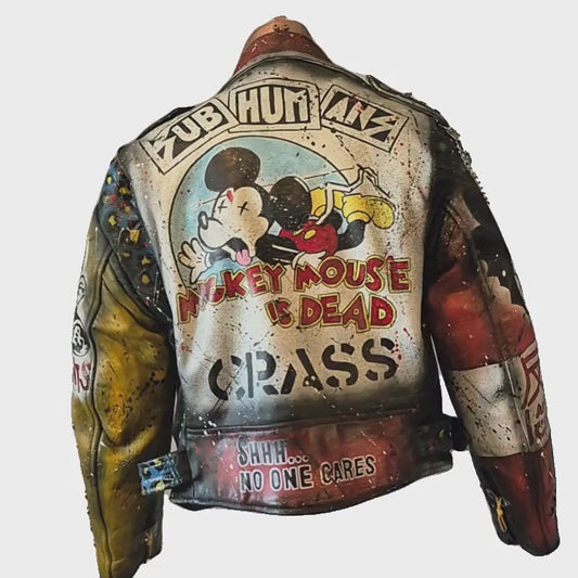 Vintage Leather Spiked Hand Painted Patches Punk Rock Bikers Jacket  All Sizes #25