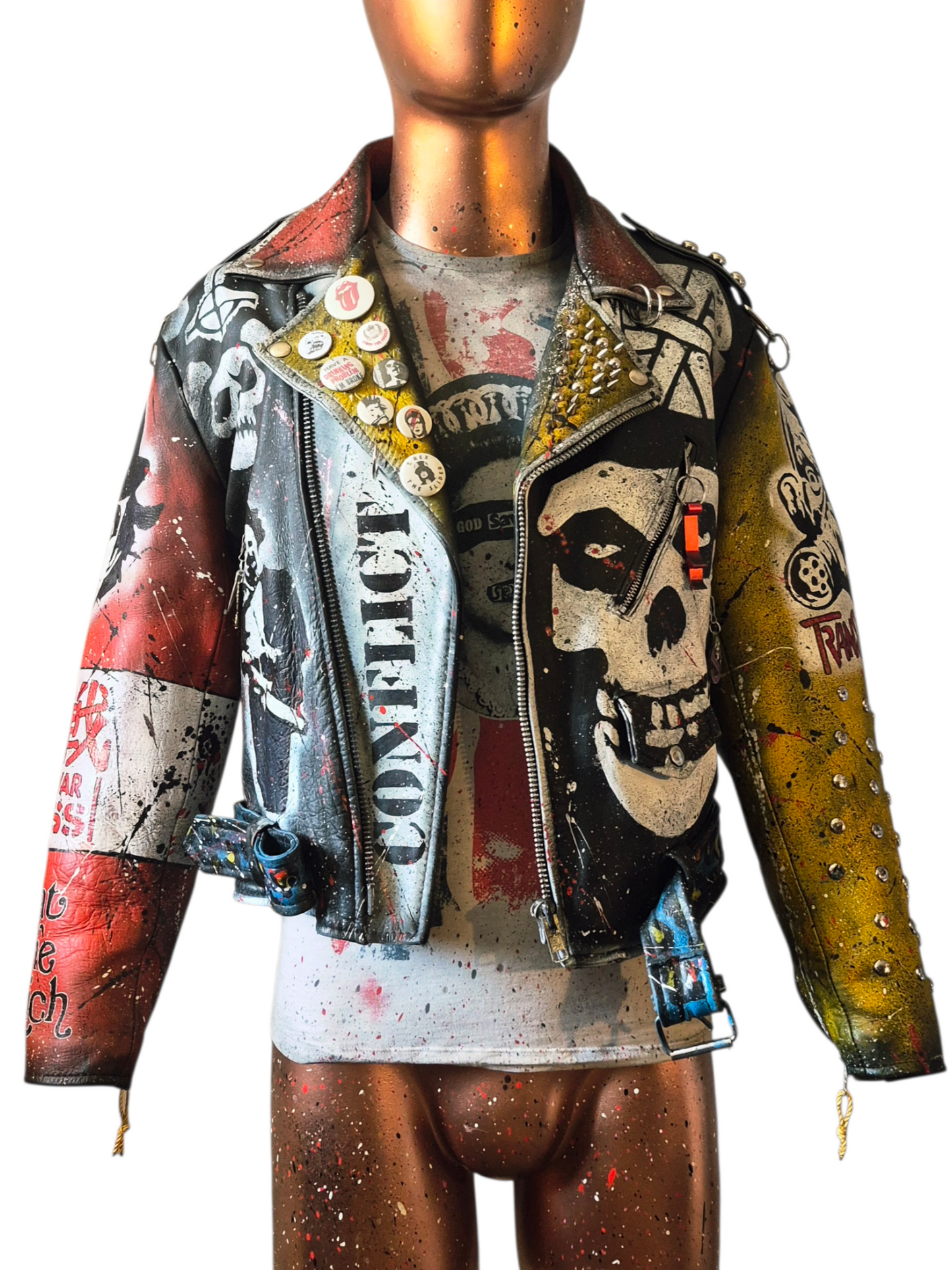 Vintage Leather Spiked Hand Painted Patches Punk Rock Bikers Jacket  All Sizes #25