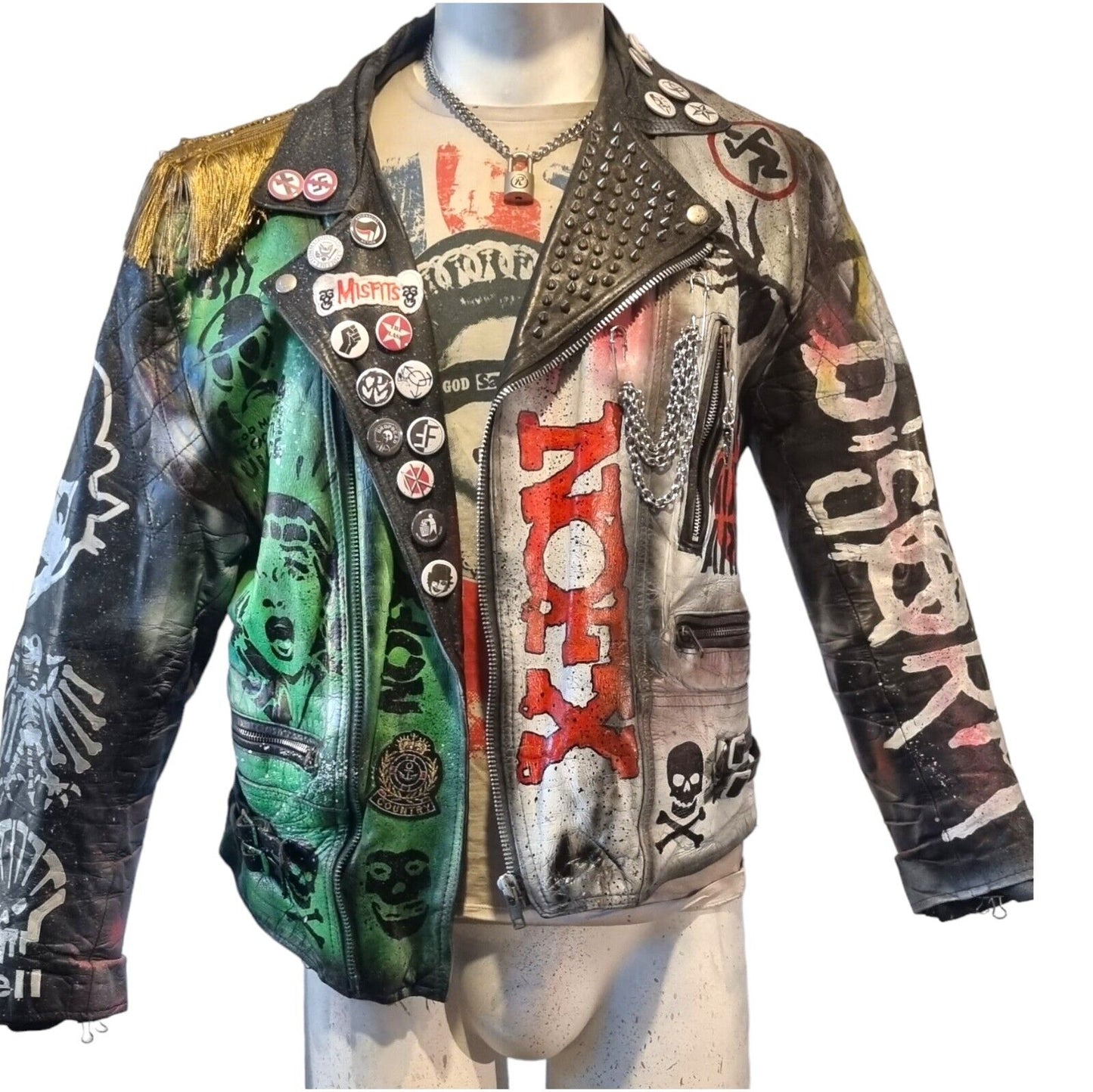 Vintage Leather Spiked Hand Painted Patches Punk Rock Bikers Jacket  All Sizes