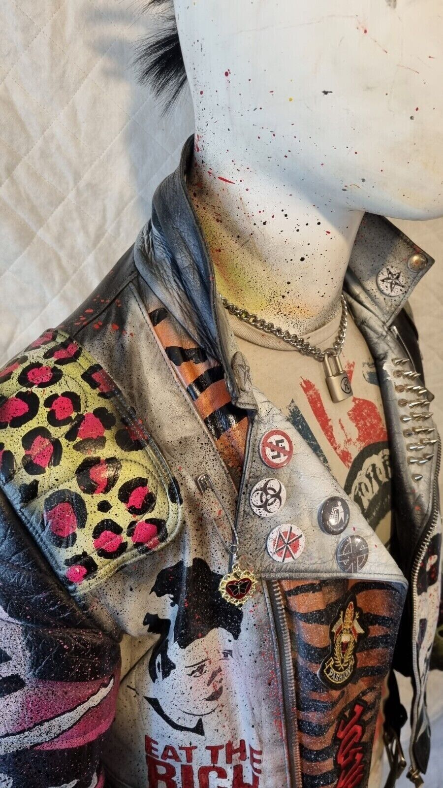 Vintage Leather Spiked Hand Painted Patches Punk Rock Bikers Jacket  All Sizes